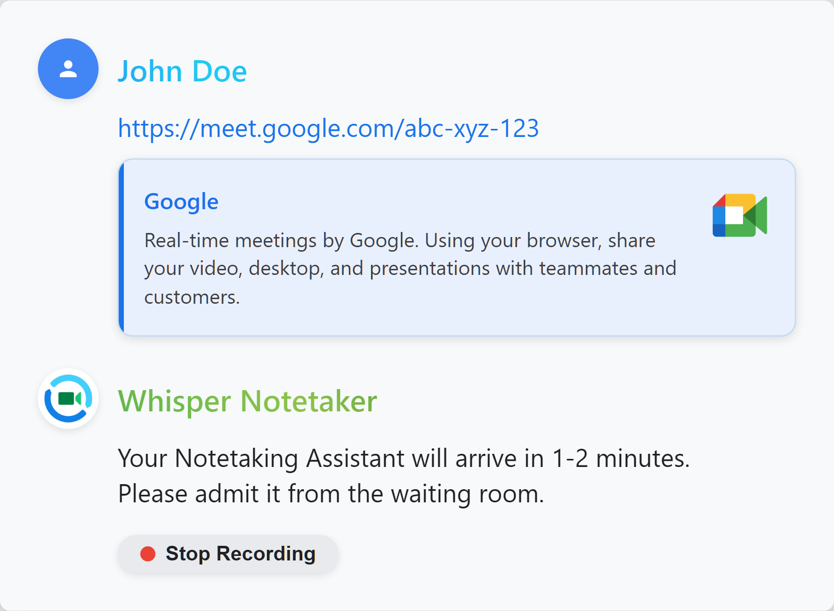 AI meeting assistant answering questions about Google Meet transcription and Zoom recording